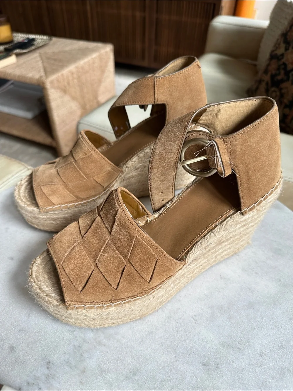 Suede Espadrille Wedge Sandals in Tan with Ankle Strap